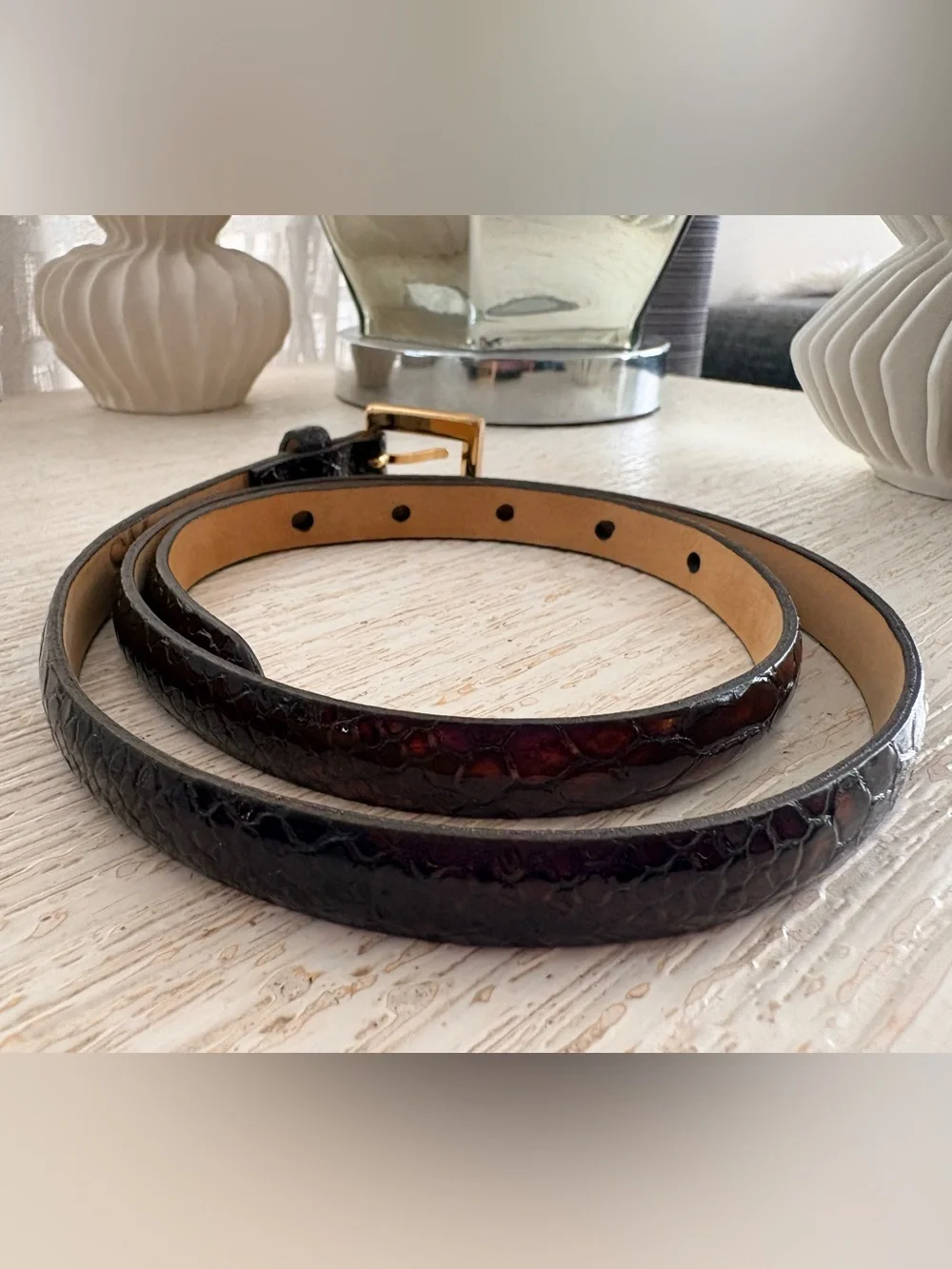 The Worth Collection Croc Tortoise Patent Leather Brass Buckle Skinny Belt S/M